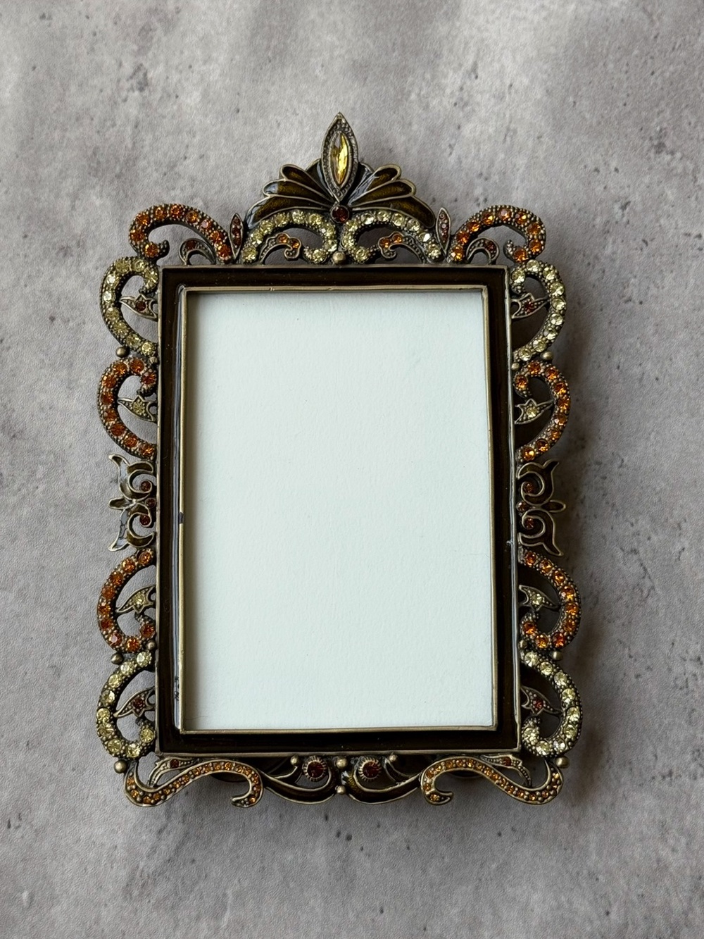 Tizo Jeweled Metal Picture Frame Amber & Champagne Crystal Ornate Baroque
5x7.5